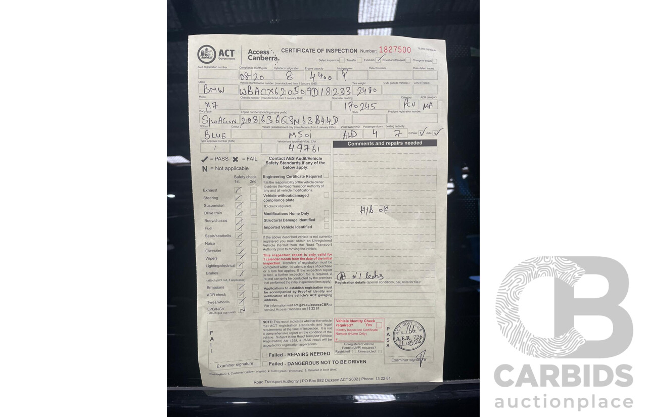 08/2020 BMW X7 M50i (AWD) G07 4d Wagon Phytonic Blue Metallic Twin Turbo V8 4.4L - 7 Seater