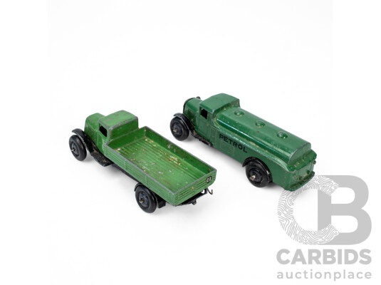 Two Vintage Dinky Toys 1940s-50s Diecast 25D Petrol Tank Wagon and 25A Drop Side Flatbed Truck