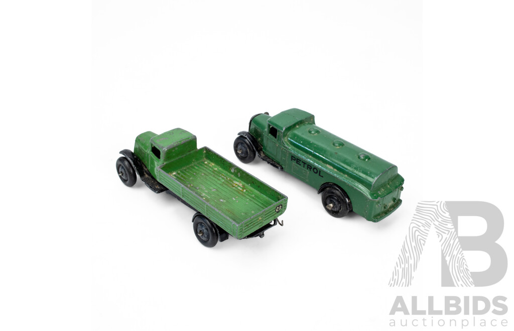 Two Vintage Dinky Toys 1940s-50s Diecast 25D Petrol Tank Wagon and 25A Drop Side Flatbed Truck