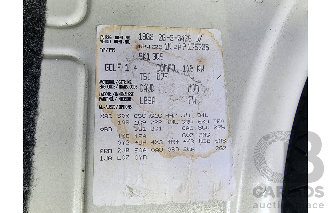 8/2010 Volkswagen Golf 118 TSI Comfortline 1K MY10 5d Hatchback White 1.4L