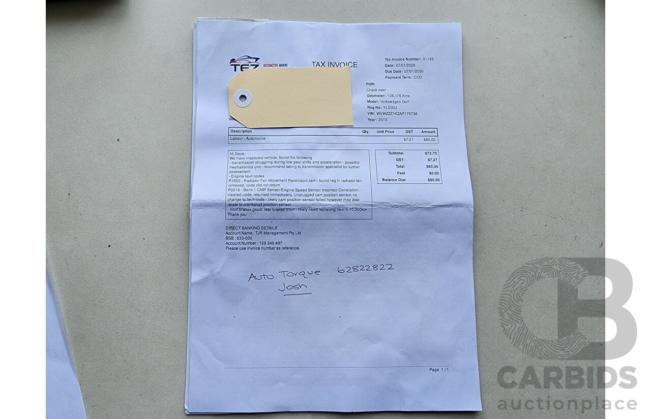 8/2010 Volkswagen Golf 118 TSI Comfortline 1K MY10 5d Hatchback White 1.4L