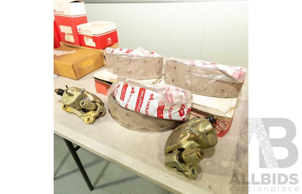 Collection of Eight NOS Genuine Holden Brake Shoes and Two PBR Brake Calipers