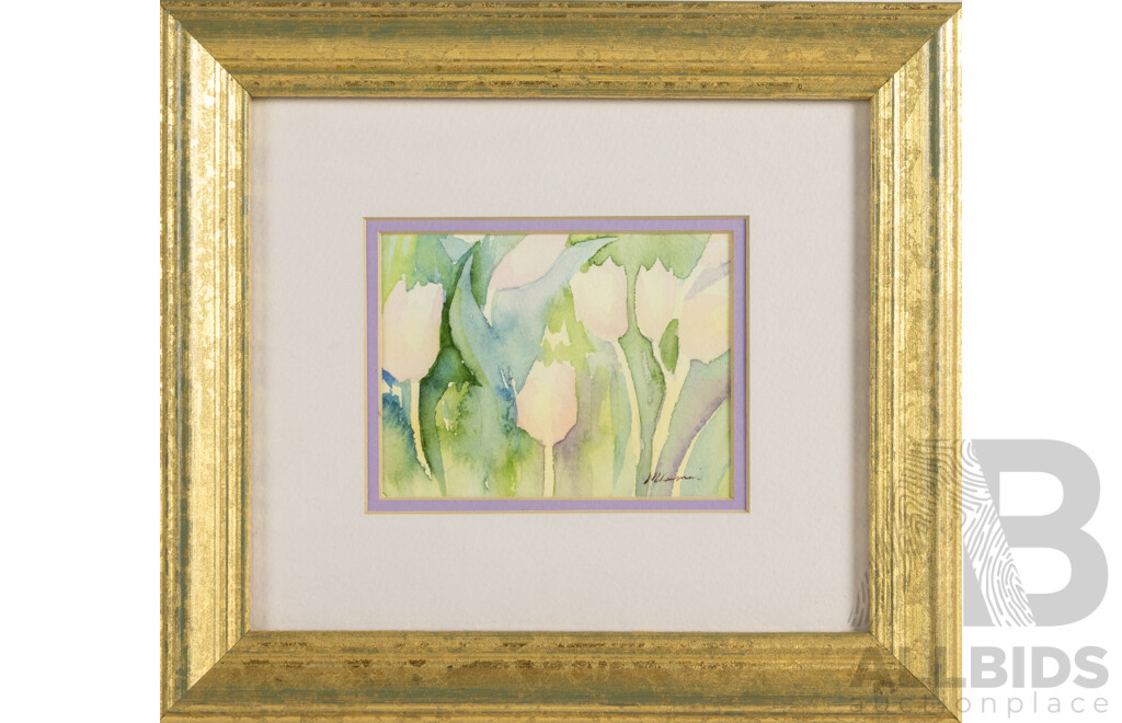Megan Dennis, (20th Century, Australian), Pink Tulips, Original Miniature Watercolour, 23 x 25 cm (frame)