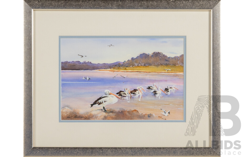 Nell Anderson, (20th Century, Australian), Pelicans, Lovely Original Watercolour and Pen, 35 x 44 cm (frame)