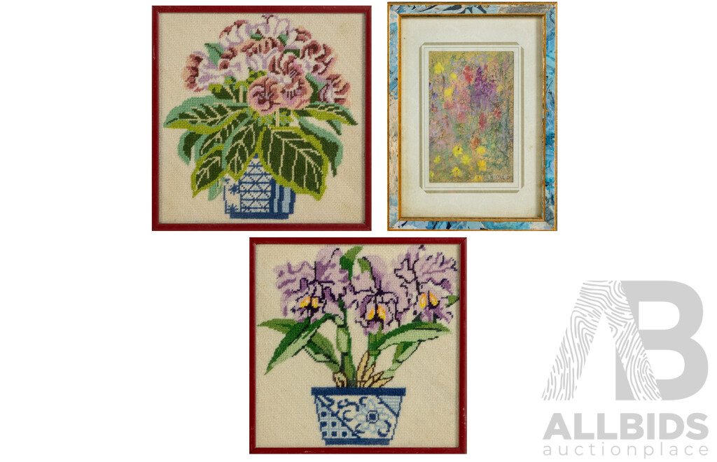 Artists Unknown (Early-Mid 20th Century), Purple Irises & Pink Posy, Pair of Lovely Original Vintage Hand Made Needlepoint & Miniature Pastel on Brown Paper, 19 x 19 cm (frames largest) (3)