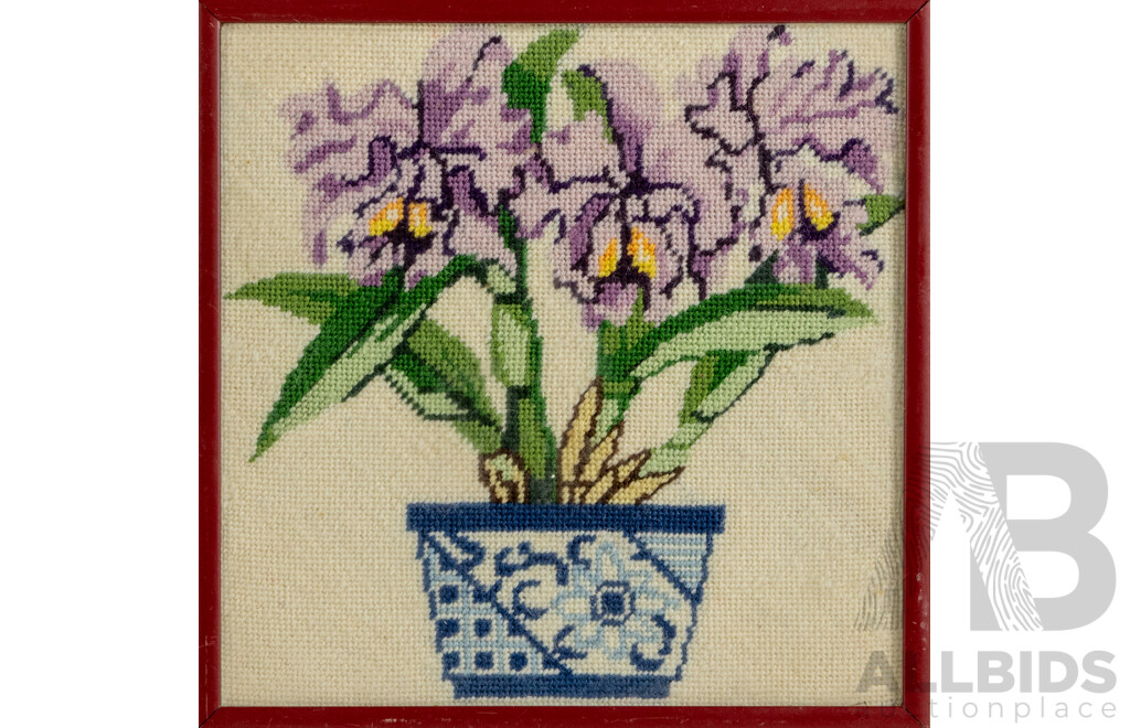 Artists Unknown (Early-Mid 20th Century), Purple Irises & Pink Posy, Pair of Lovely Original Vintage Hand Made Needlepoint & Miniature Pastel on Brown Paper, 19 x 19 cm (frames largest) (3)