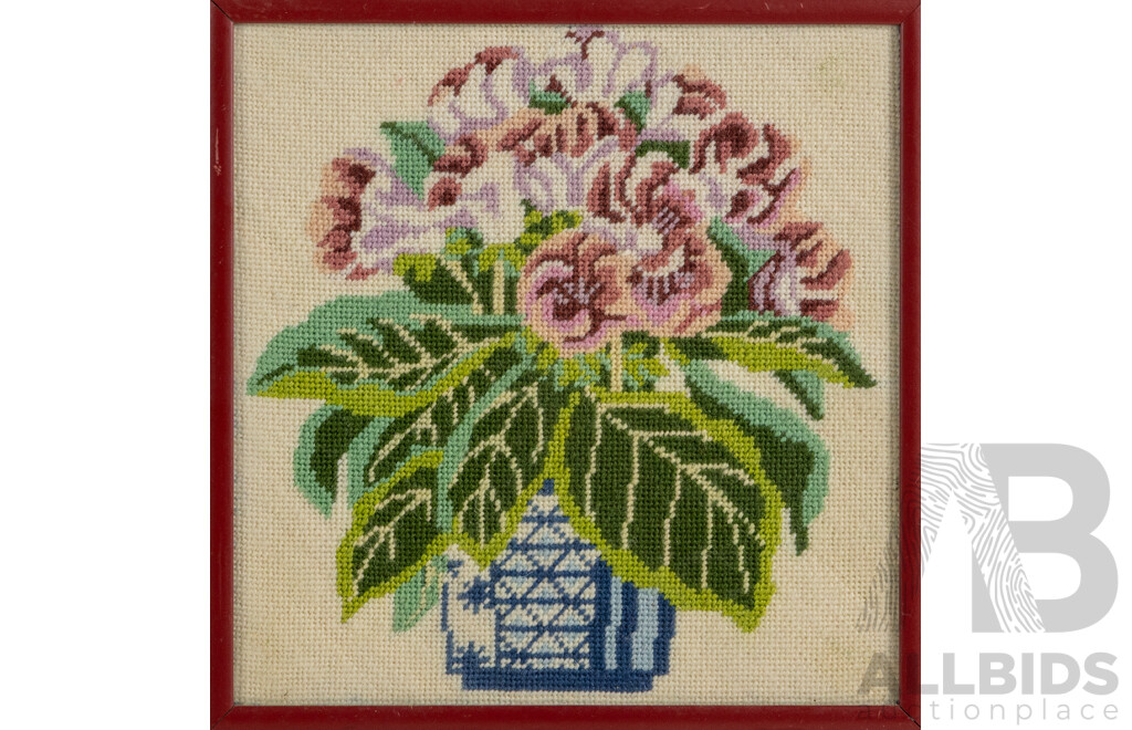 Artists Unknown (Early-Mid 20th Century), Purple Irises & Pink Posy, Pair of Lovely Original Vintage Hand Made Needlepoint & Miniature Pastel on Brown Paper, 19 x 19 cm (frames largest) (3)