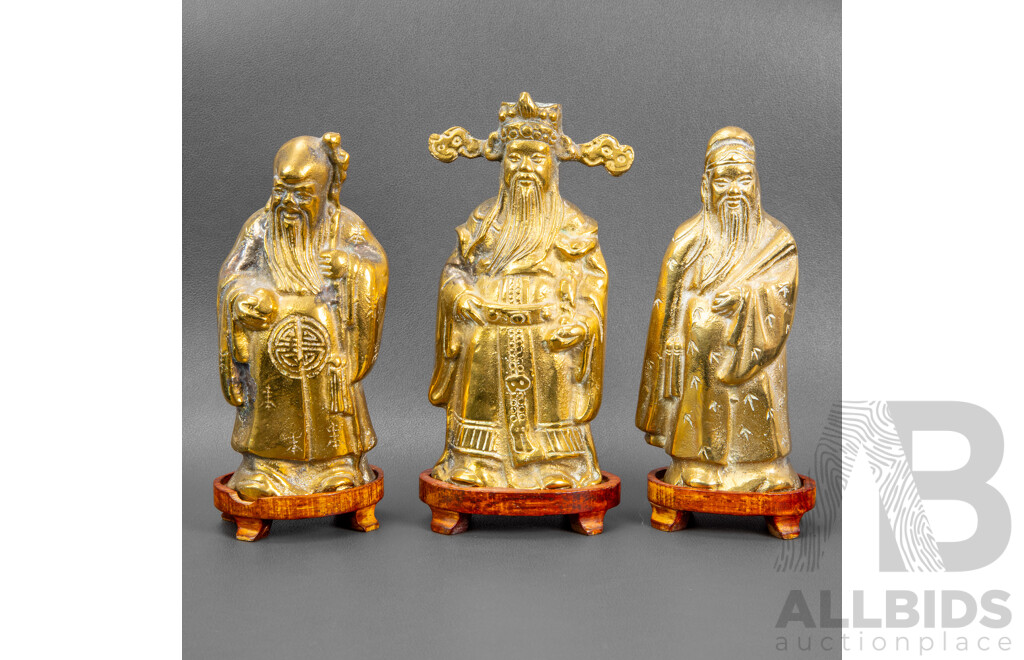 Set of Three Heavy Gauge Brass Chinese Deities on Timber Stands