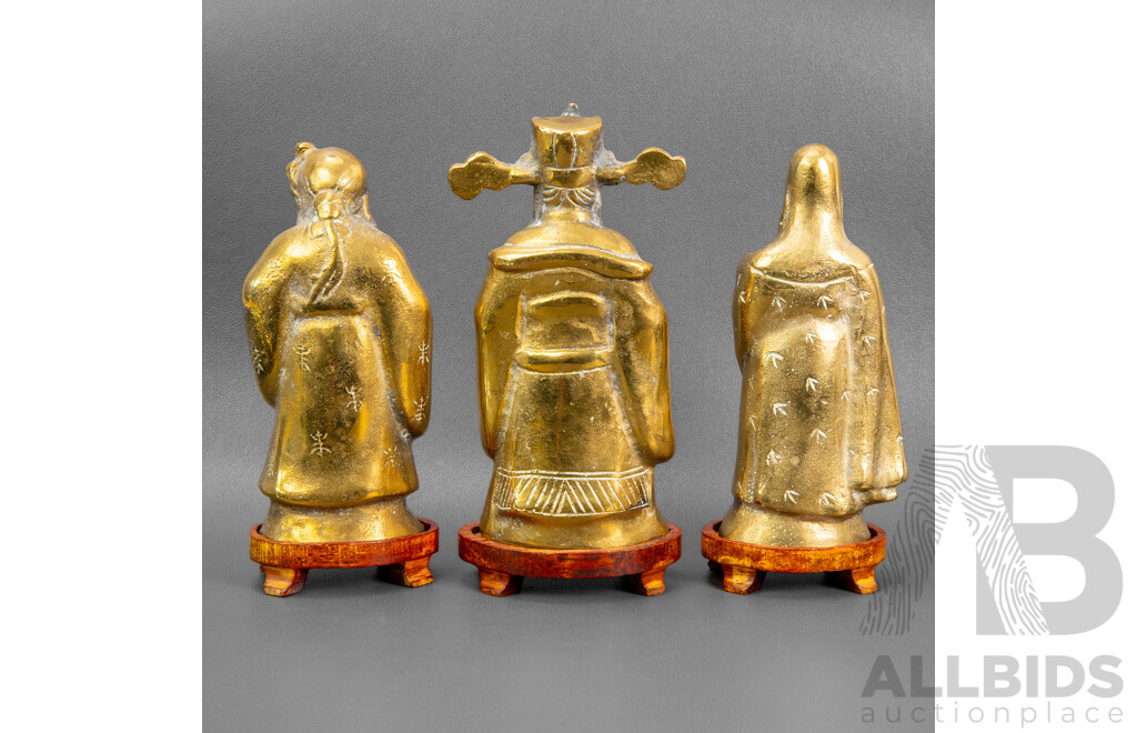 Set of Three Heavy Gauge Brass Chinese Deities on Timber Stands