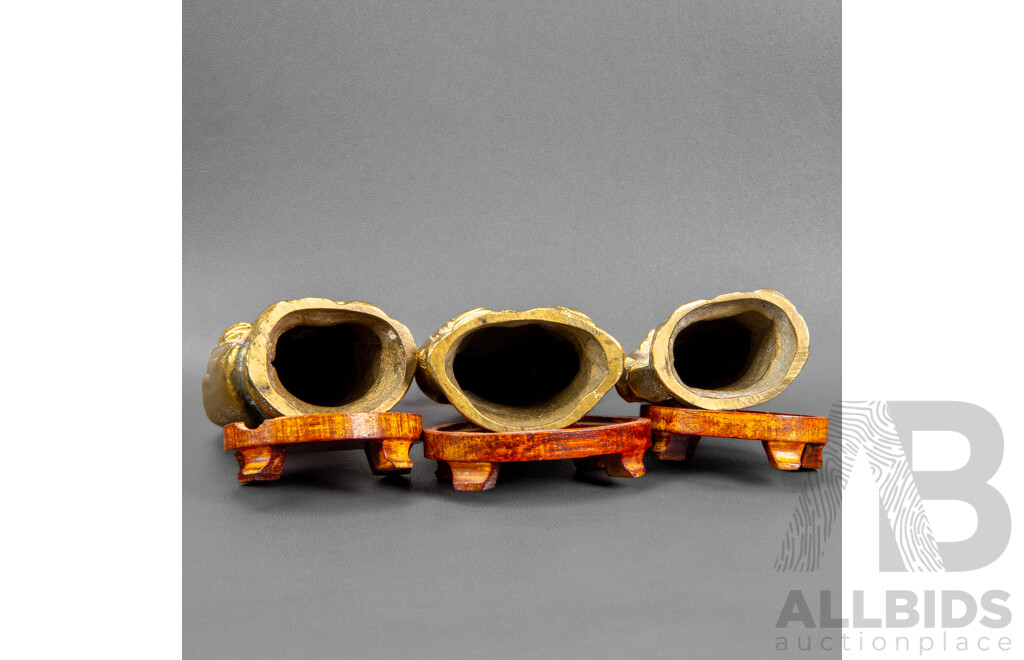 Set of Three Heavy Gauge Brass Chinese Deities on Timber Stands