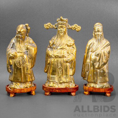 Set of Three Heavy Gauge Brass Chinese Deities on Timber Stands