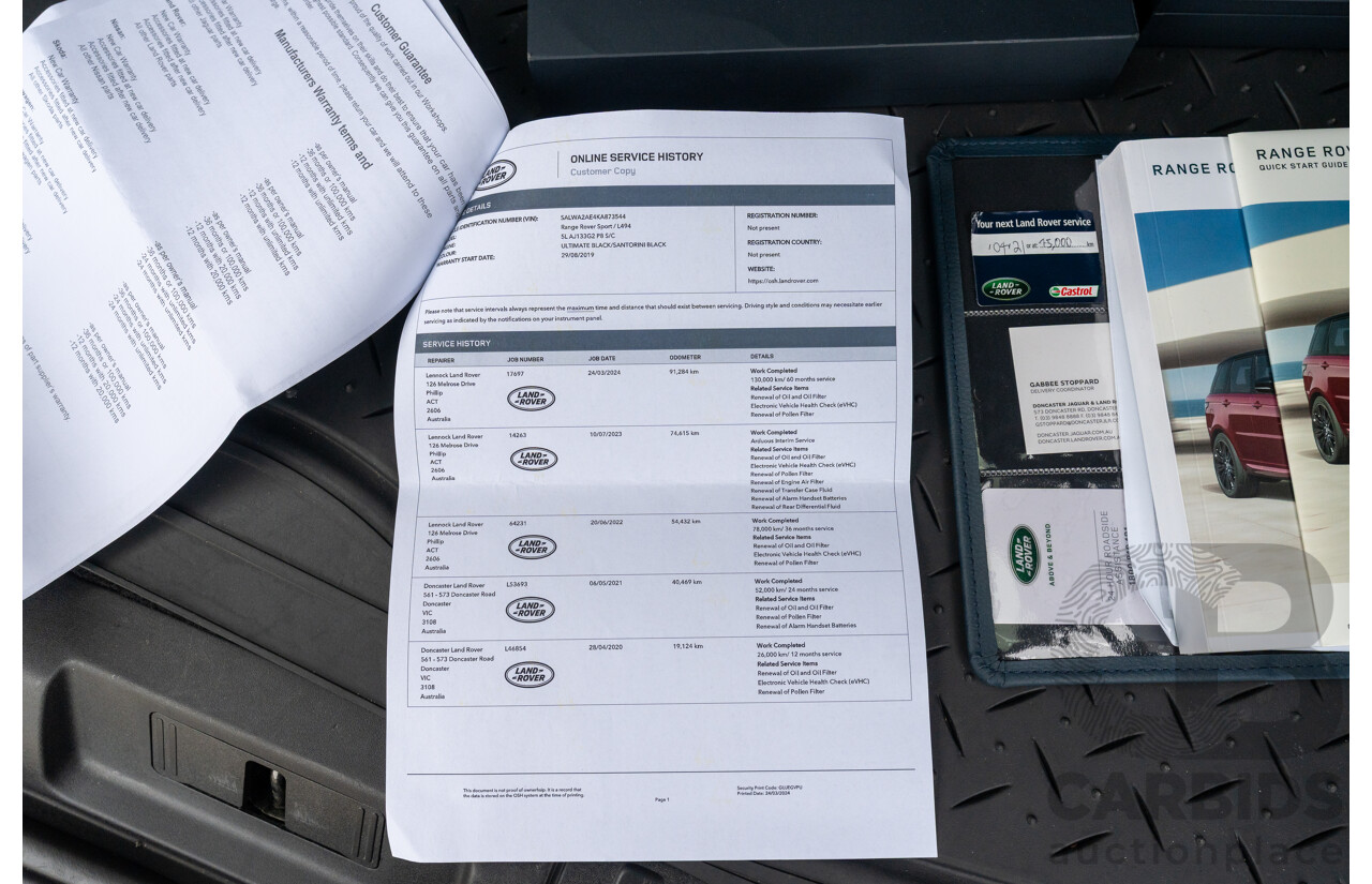 08/2019 Land Rover Range Rover Sport HSE Dynamic V8 SC (AWD) LW MY19.5 4d Wagon Ultimate Black Supercharged V8 5.0L