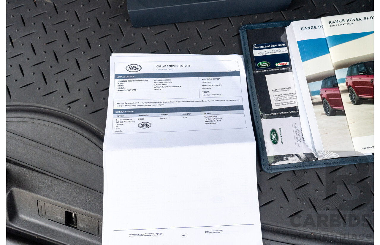 08/2019 Land Rover Range Rover Sport HSE Dynamic V8 SC (AWD) LW MY19.5 4d Wagon Ultimate Black Supercharged V8 5.0L