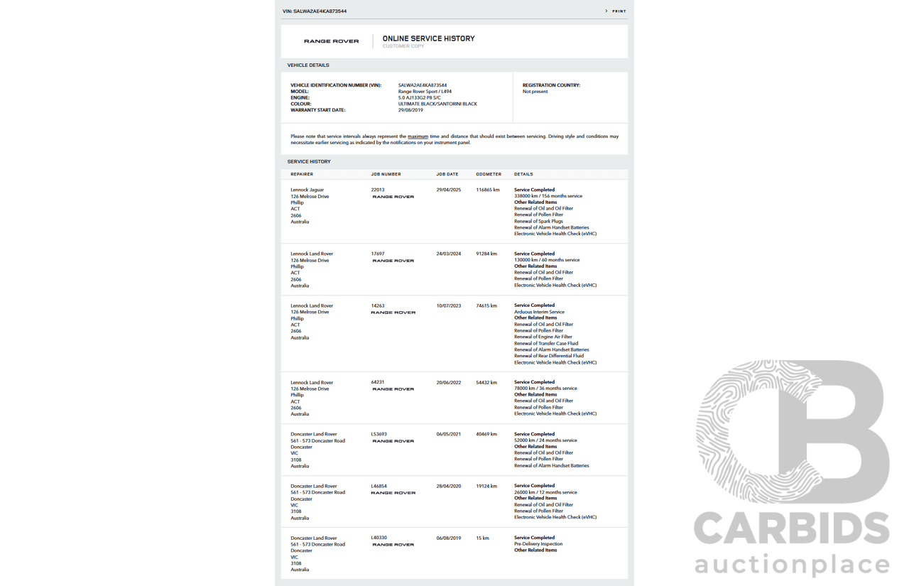 08/2019 Land Rover Range Rover Sport HSE Dynamic V8 SC (AWD) LW MY19.5 4d Wagon Ultimate Black Supercharged V8 5.0L