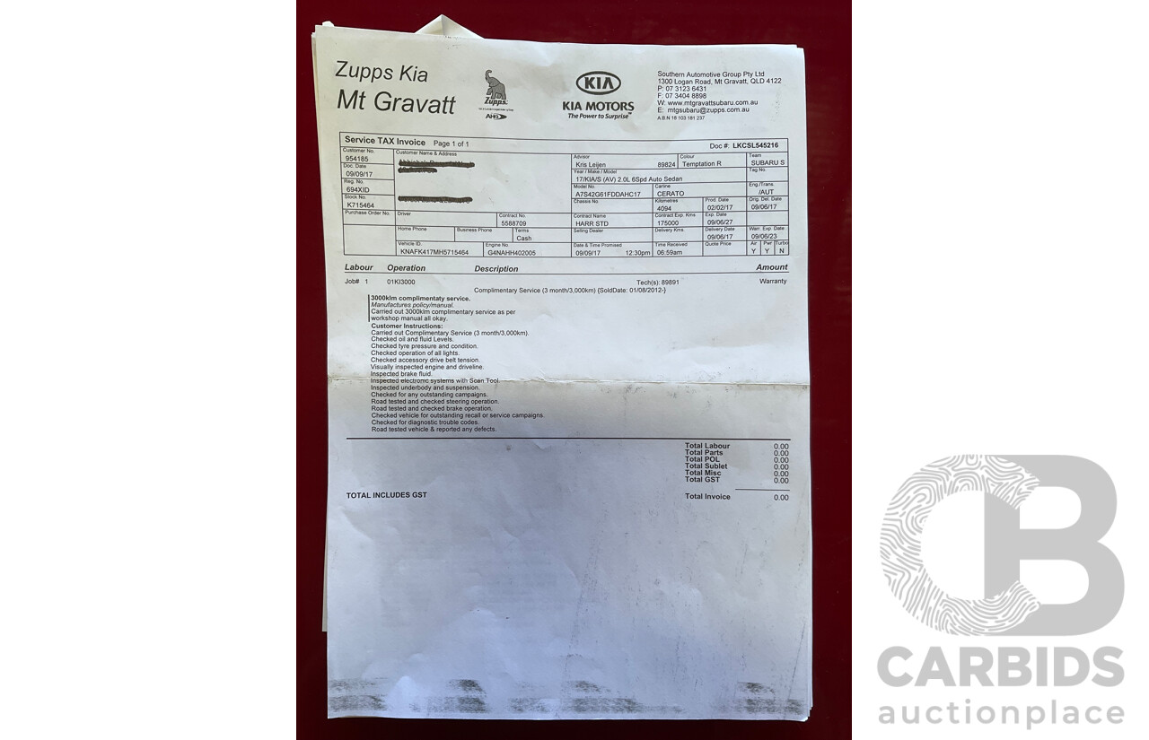 02/2017 Kia Cerato S Premium (FWD) YD MY17 4d Sedan Temptation Red 2.0L