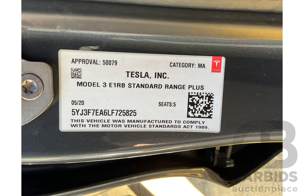 05/2020 Tesla Model 3 E1RB Standard Range (RWD) MY20 5D Sedan Midnight Silver Metallic Electric EV - 190kW