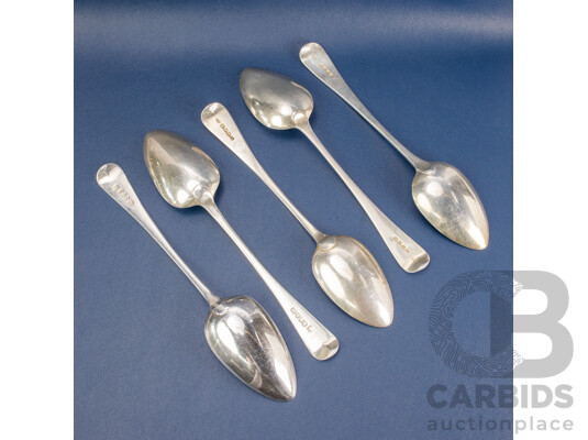 Five Antique Silver Table Spoons Including William Seaman, London, William Bateman I, London 1820, Alice & George Burrows II, London 1803