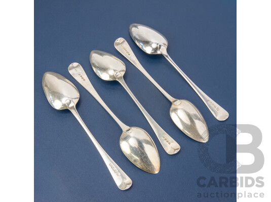 Five Antique Sterling Silver Table Spoons Including William Seaman, London, William Bateman I, London 1820, Alice & George Burrows II, London 1803