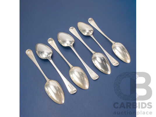 Seven Antique Sterling Silver Table Spoons Including Thomas Wilkes Barker, London 1806, 1809, Charles Eley, London 1825, Stephen Adams I, London 1794, Thomas Wallis II, London 1793