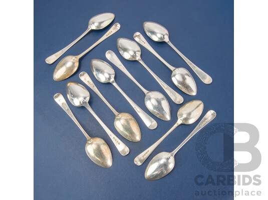 Twelve Antique Sterling Silver Spoons Including William Eley I & William Fearn, London, 1806, 1819, Solomon Hougham, London 1816