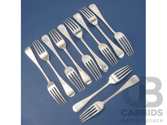 Eleven Antique Sterling Silver Forks Including Chawner & Co, London 1865, J Sherwood & Sons, Birmingham 1909