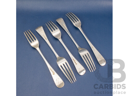 Five Antique Sterling Silver Forks Including William Sumner I, London 1805, 1784, 1783, 1807