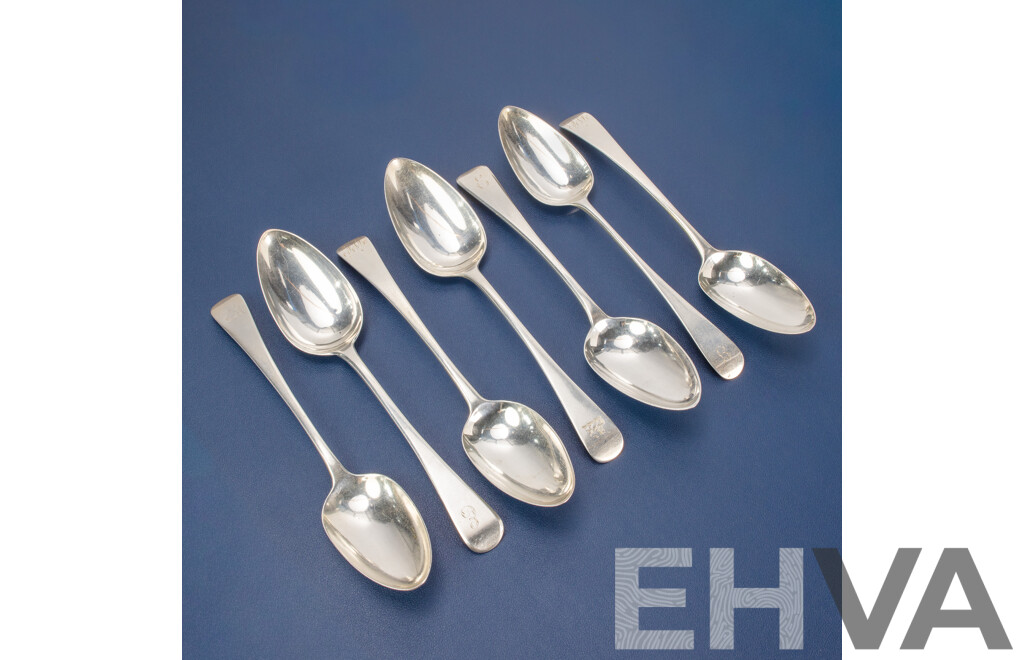 Seven Antique Silver Table Spoons Including Thomas Wilkes Barker, London 1806, 1809, Charles Eley, London 1825, Stephen Adams I, London 1794, Thomas Wallis II, London 1793