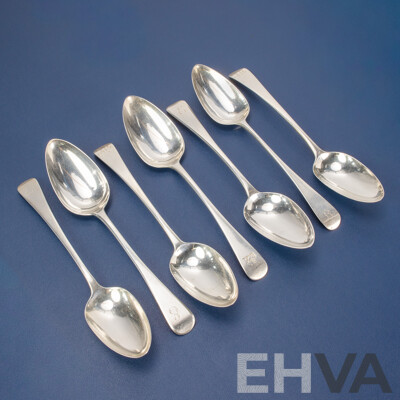 Seven Antique Silver Table Spoons Including Thomas Wilkes Barker, London 1806, 1809, Charles Eley, London 1825, Stephen Adams I, London 1794, Thomas Wallis II, London 1793