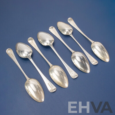 Seven Antique Silver Table Spoons Including Thomas Wilkes Barker, London 1806, 1809, Charles Eley, London 1825, Stephen Adams I, London 1794, Thomas Wallis II, London 1793