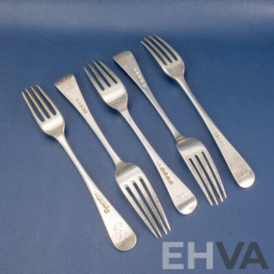 Five Antique Silver Forks Including William Sumner I, London 1805, 1784, 1783, 1807