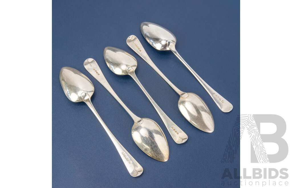 Five Antique Sterling Silver Table Spoons Including William Seaman, London, William Bateman I, London 1820, Alice & George Burrows II, London 1803