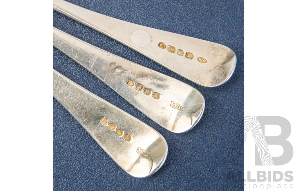 Five Antique Sterling Silver Table Spoons Including William Seaman, London, William Bateman I, London 1820, Alice & George Burrows II, London 1803