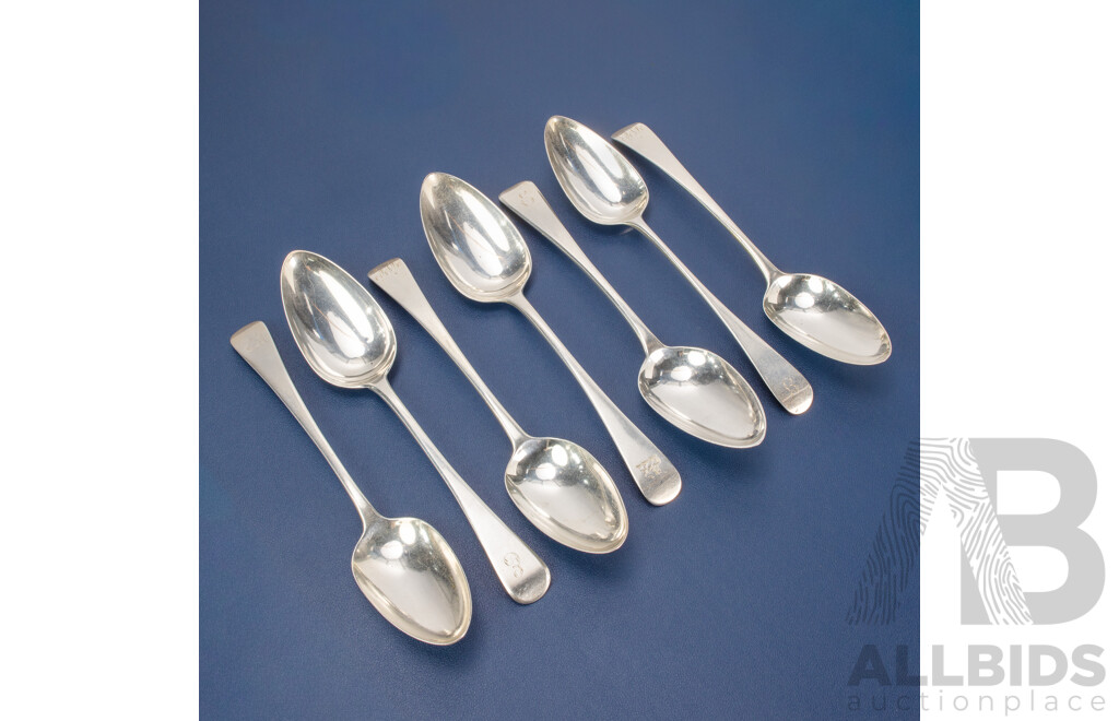 Seven Antique Silver Table Spoons Including Thomas Wilkes Barker, London 1806, 1809, Charles Eley, London 1825, Stephen Adams I, London 1794, Thomas Wallis II, London 1793