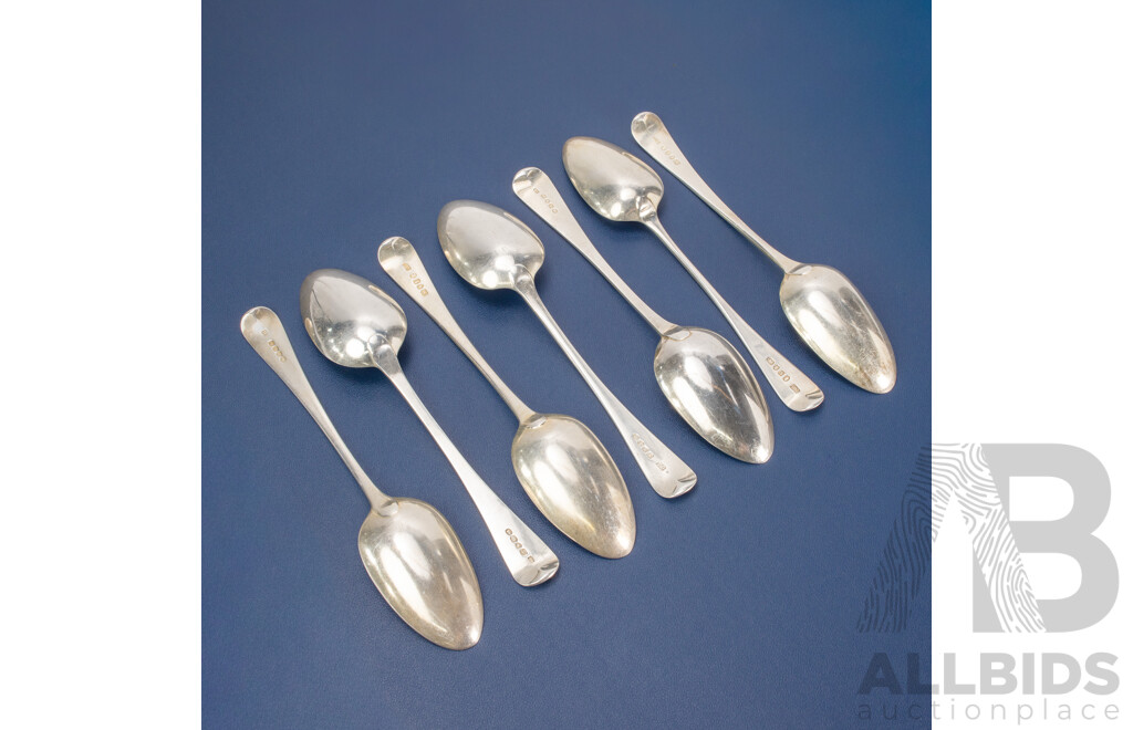 Seven Antique Sterling Silver Table Spoons Including Thomas Wilkes Barker, London 1806, 1809, Charles Eley, London 1825, Stephen Adams I, London 1794, Thomas Wallis II, London 1793