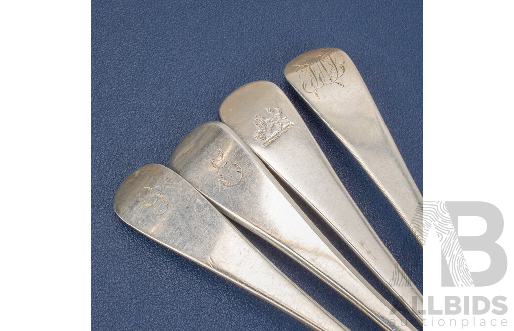 Seven Antique Sterling Silver Table Spoons Including Thomas Wilkes Barker, London 1806, 1809, Charles Eley, London 1825, Stephen Adams I, London 1794, Thomas Wallis II, London 1793