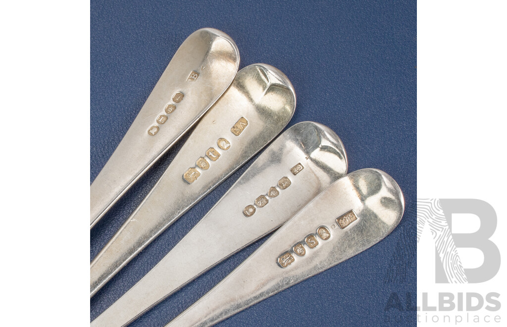 Seven Antique Sterling Silver Table Spoons Including Thomas Wilkes Barker, London 1806, 1809, Charles Eley, London 1825, Stephen Adams I, London 1794, Thomas Wallis II, London 1793