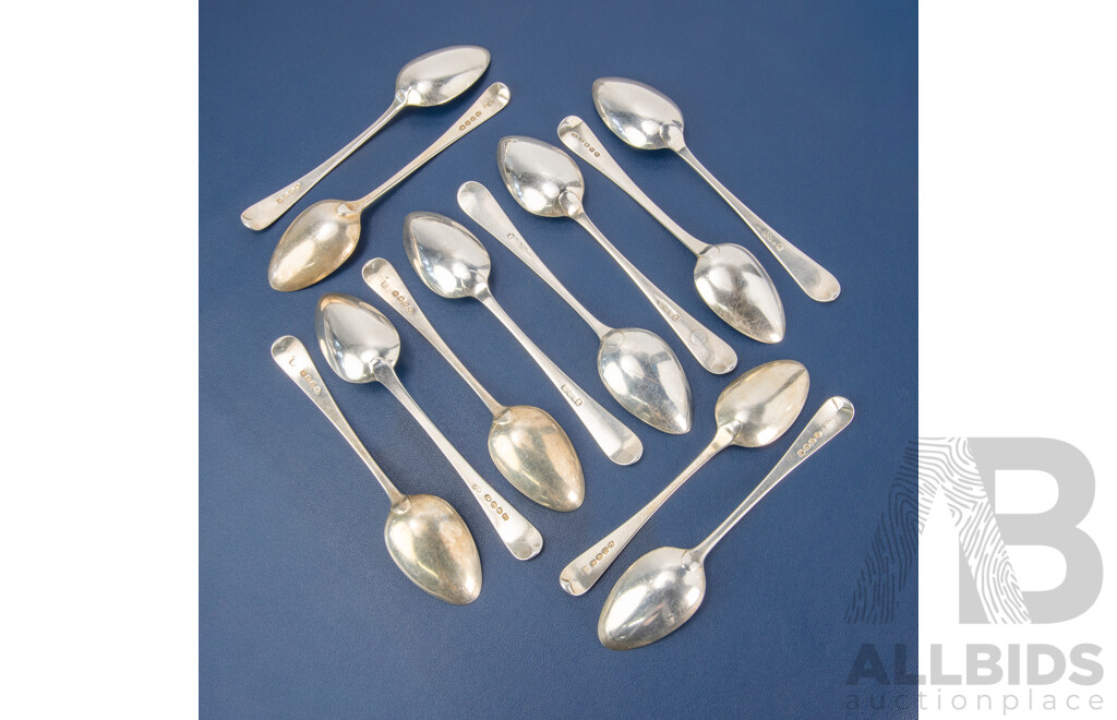 Twelve Antique Sterling Silver Spoons Including William Eley I & William Fearn, London, 1806, 1819, Solomon Hougham, London 1816