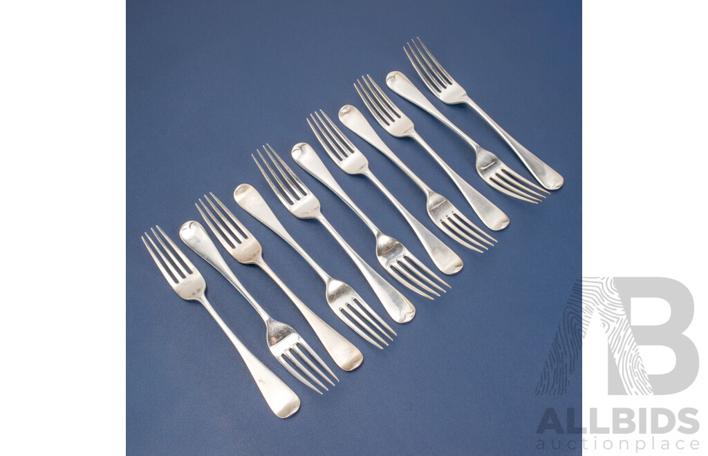 Eleven Antique Silver Forks Including Chawner & Co, London 1865, J Sherwood & Sons, Birmingham 1909