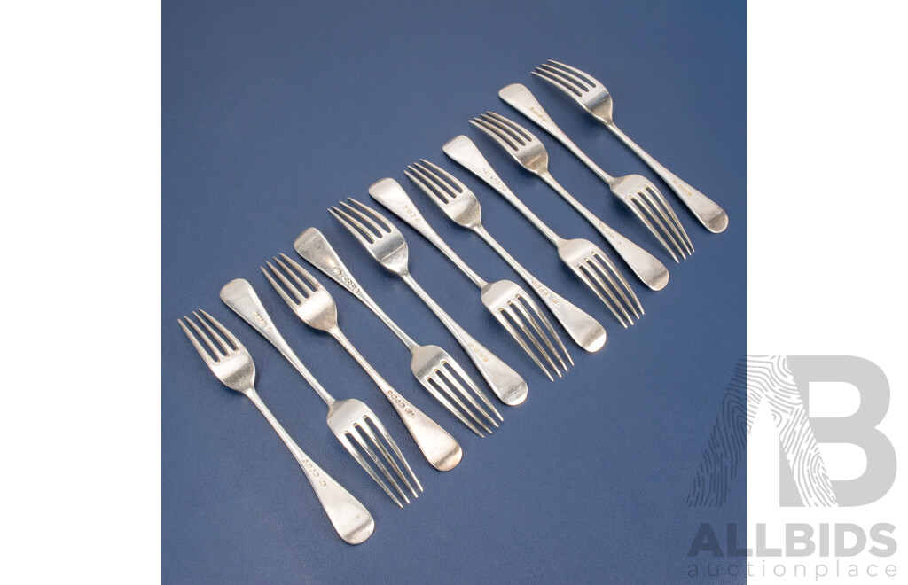 Eleven Antique Silver Forks Including Chawner & Co, London 1865, J Sherwood & Sons, Birmingham 1909
