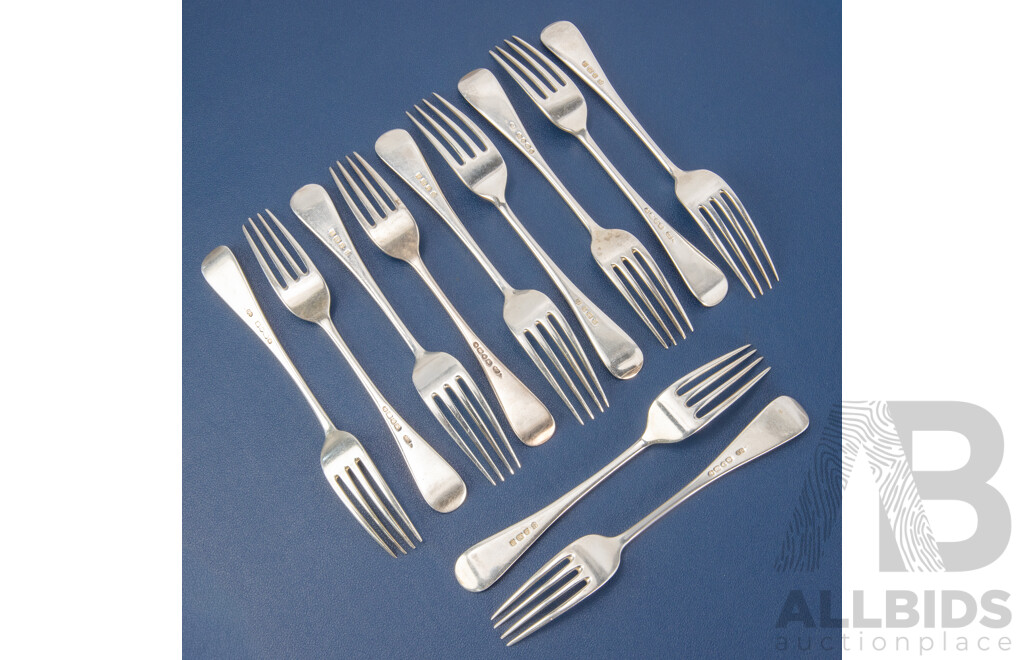 Eleven Antique Sterling Silver Forks Including Chawner & Co, London 1865, J Sherwood & Sons, Birmingham 1909