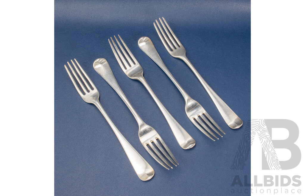Five Antique Sterling Silver Forks Including William Sumner I, London 1805, 1784, 1783, 1807