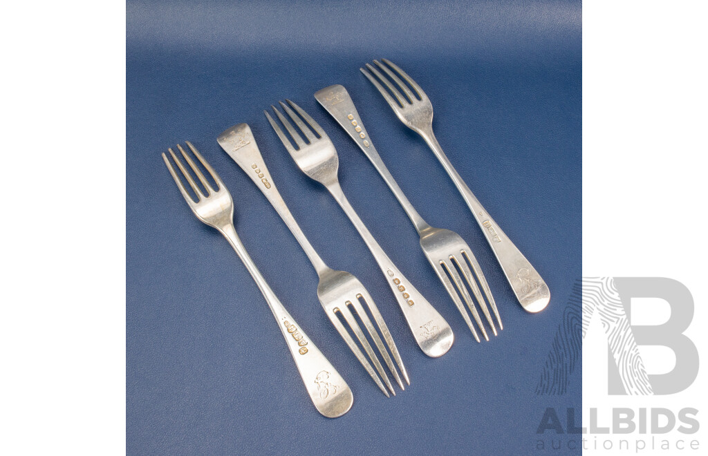 Five Antique Sterling Silver Forks Including William Sumner I, London 1805, 1784, 1783, 1807