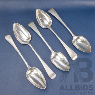 Five Antique Silver Table Spoons Including William Seaman, London, William Bateman I, London 1820, Alice & George Burrows II, London 1803