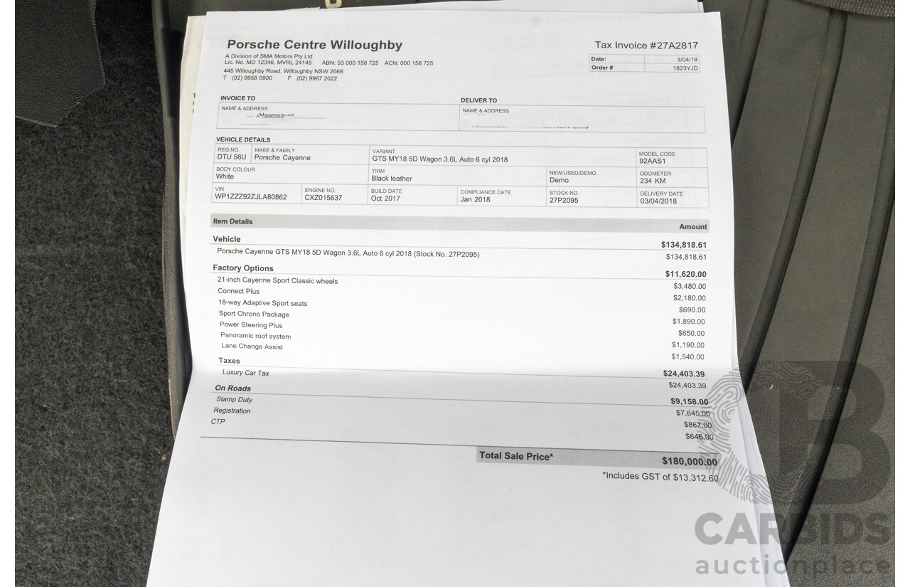 1/2018 Porsche Cayenne GTS (AWD) Series 2 MY18 4d Wagon Carrara White Twin Turbo V6 3.6L