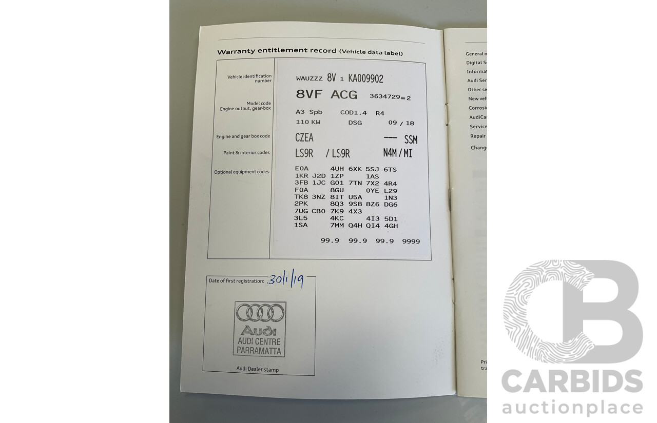 01/2019 Audi A3 35 TFSI (FWD) 8V MY19 4d Sportback Glacier White Metallic Turbo 1.4L