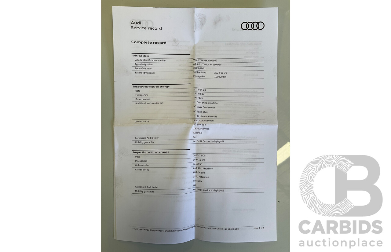 01/2019 Audi A3 35 TFSI (FWD) 8V MY19 4d Sportback Glacier White Metallic Turbo 1.4L