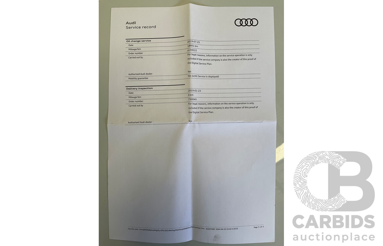 01/2019 Audi A3 35 TFSI (FWD) 8V MY19 4d Sportback Glacier White Metallic Turbo 1.4L
