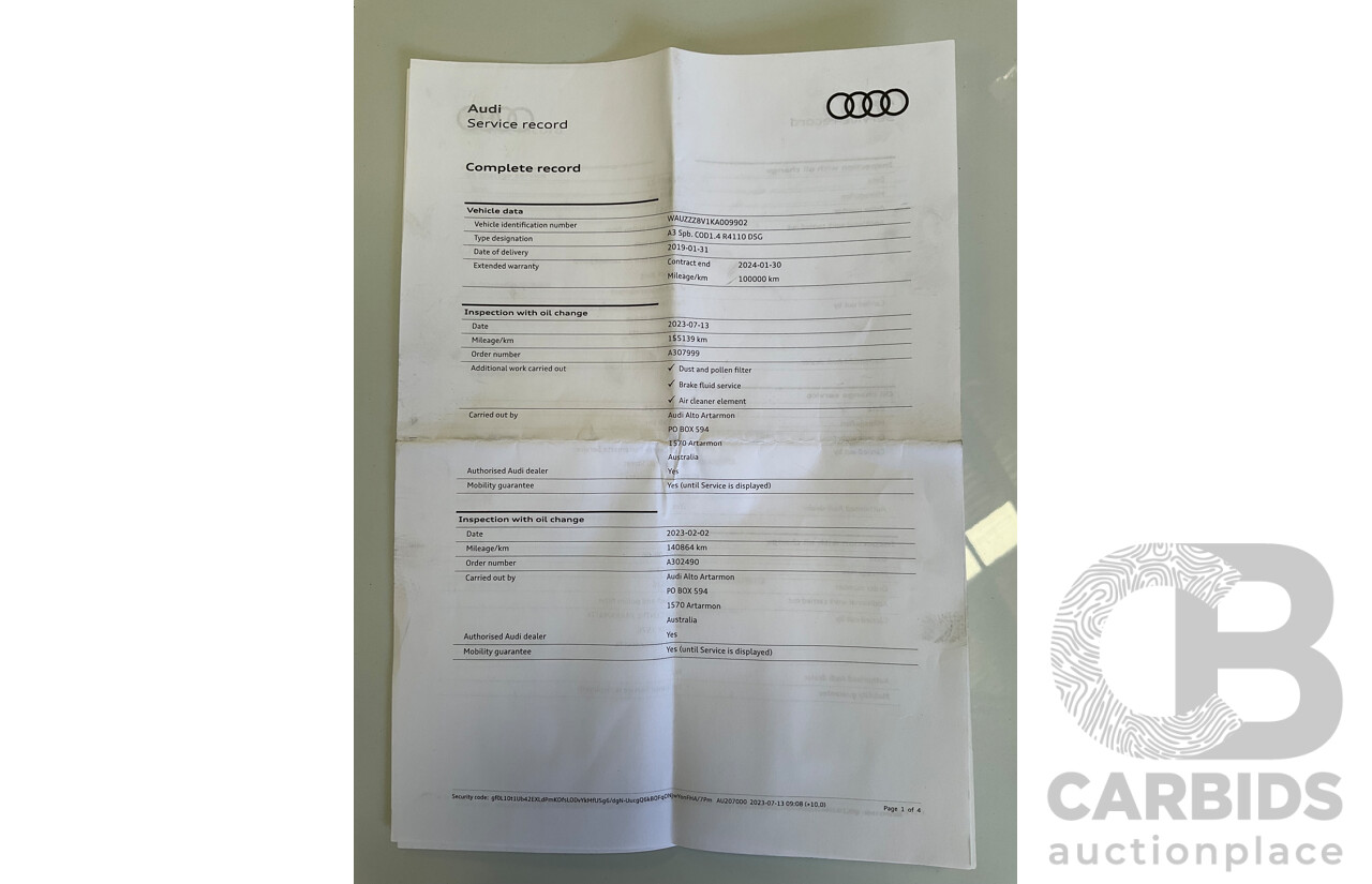 01/2019 Audi A3 35 TFSI (FWD) 8V MY19 4d Sportback Glacier White Metallic Turbo 1.4L