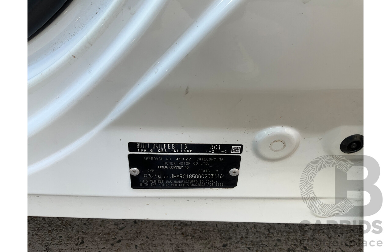03/2016 Honda Odyssey VTi-L (FWD) RC MY16 7 Seats 4d Wagon White Diamond Pearl 2.4L - 7 Seater