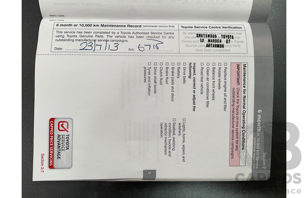 12/2012 Toyota Corolla Ascent Sport (FWD) ZRE182R 5d Hatchback Black Sand Metallic 1.8L